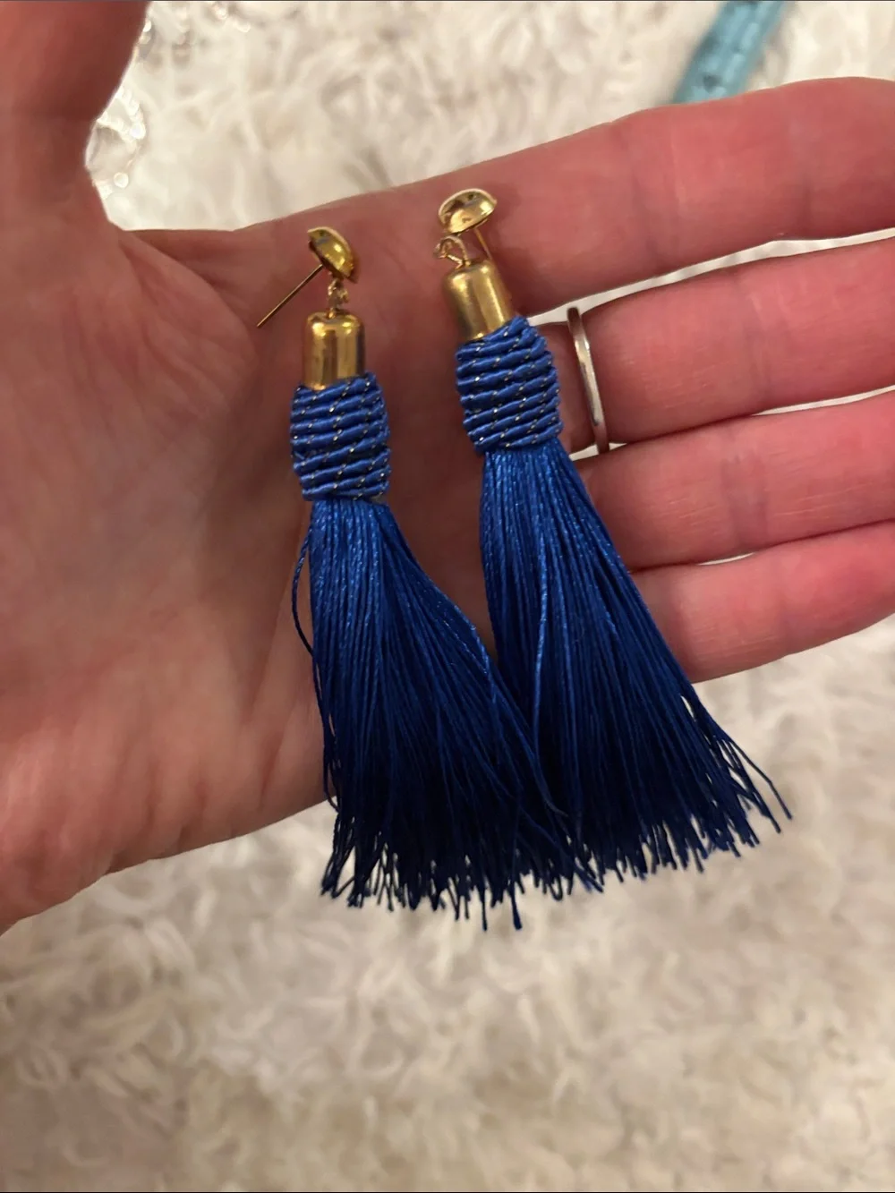 Blue Tassel Drop Earrings with Gold Accent